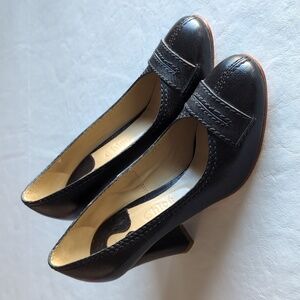 Chloe Black Leather Pumps Chunky Heels Top Stitching Women's Size 37.5 US 6.5